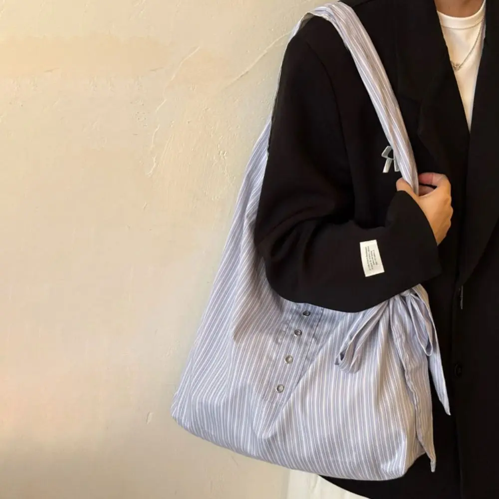 

Bow Striped Canvas Tote Bag Literary Style Korean Style Canvas Hobo Bag Fresh Color Casual Large Capacity Underarm Bag Travel