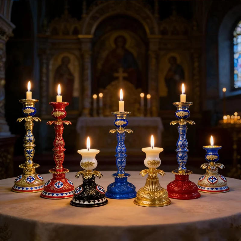 

Gold Plated Orthodox Enamel Candlestick with Floral Patterns for Church Liturgy Home Altar Prayer Devotion Christian Gift Decor
