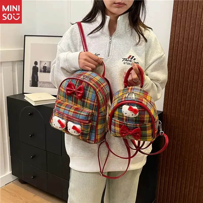 Miniso Retro Red Plaid Hello Kitty Backpack, Cute Bow Mini School Bag for Students & Girls