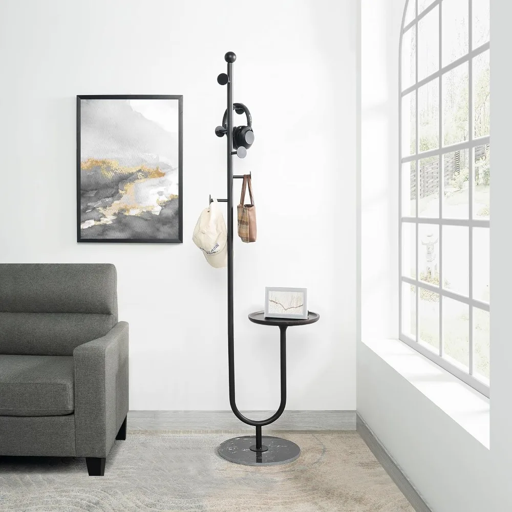 

Heavy Duty Marble Base Standing Coat Rack with Bamboo Tray and 6 Hooks for Bedroom, Hallway, Entrance & Office, Coat Rack