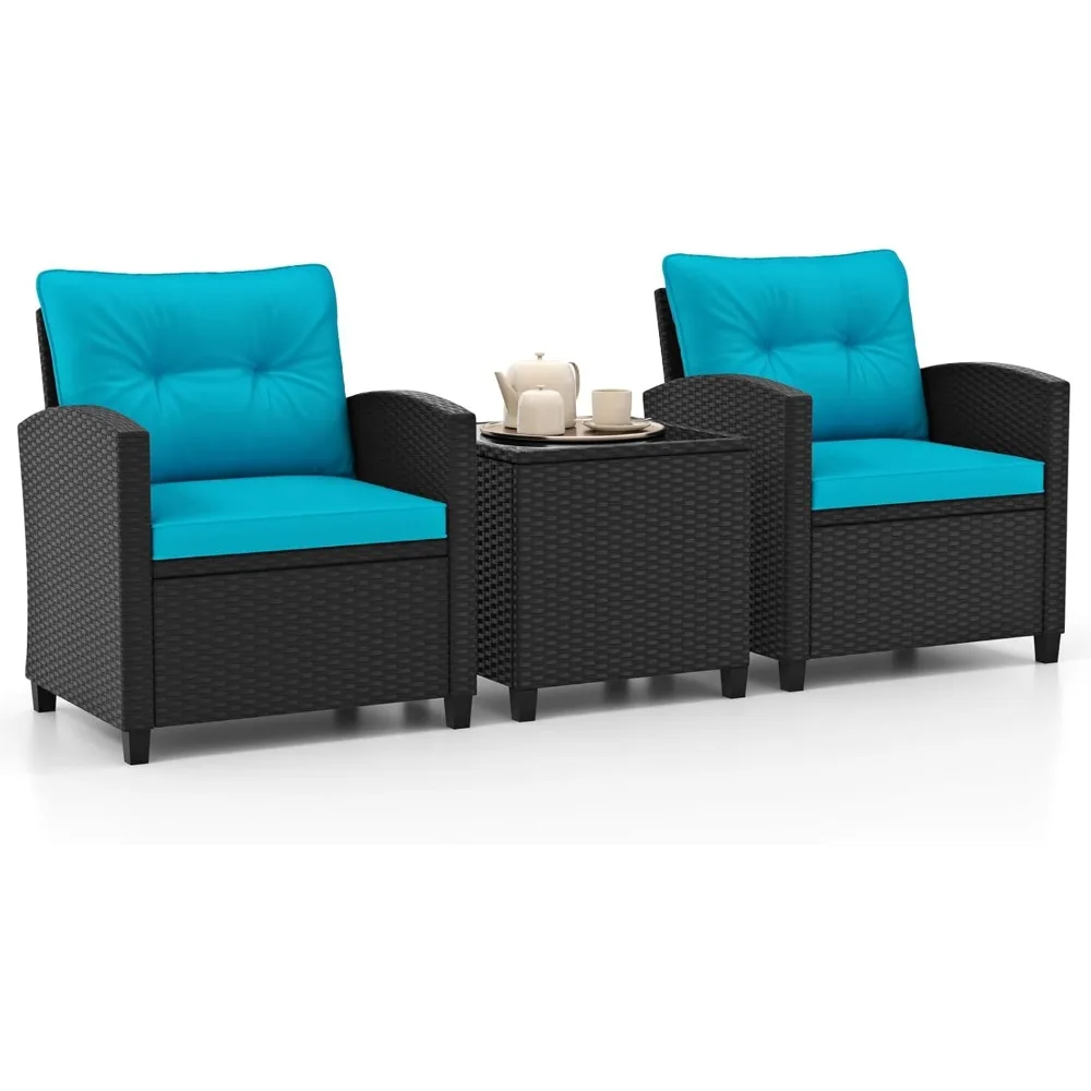 

3 Pieces Wicker Patio Conversation Set, PE Rattan Bistro Sofa Set with Tempered Glass Coffee Table, Washable Cushions, Outdoor