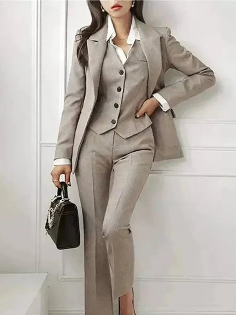 

Lady Three Office -piece Set For Women V-neck Single Breasted Solid Color Tops With Ankle-length Pants 2024 New TI7P