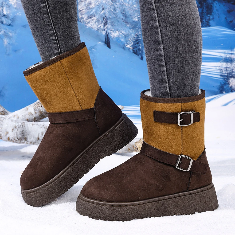 Botas de felpa de invierno para mujer, botas de nieve gruesas y cálidas impermeables para mujer, zapatos de algodón de terciopelo de piel sintética, botas de invierno