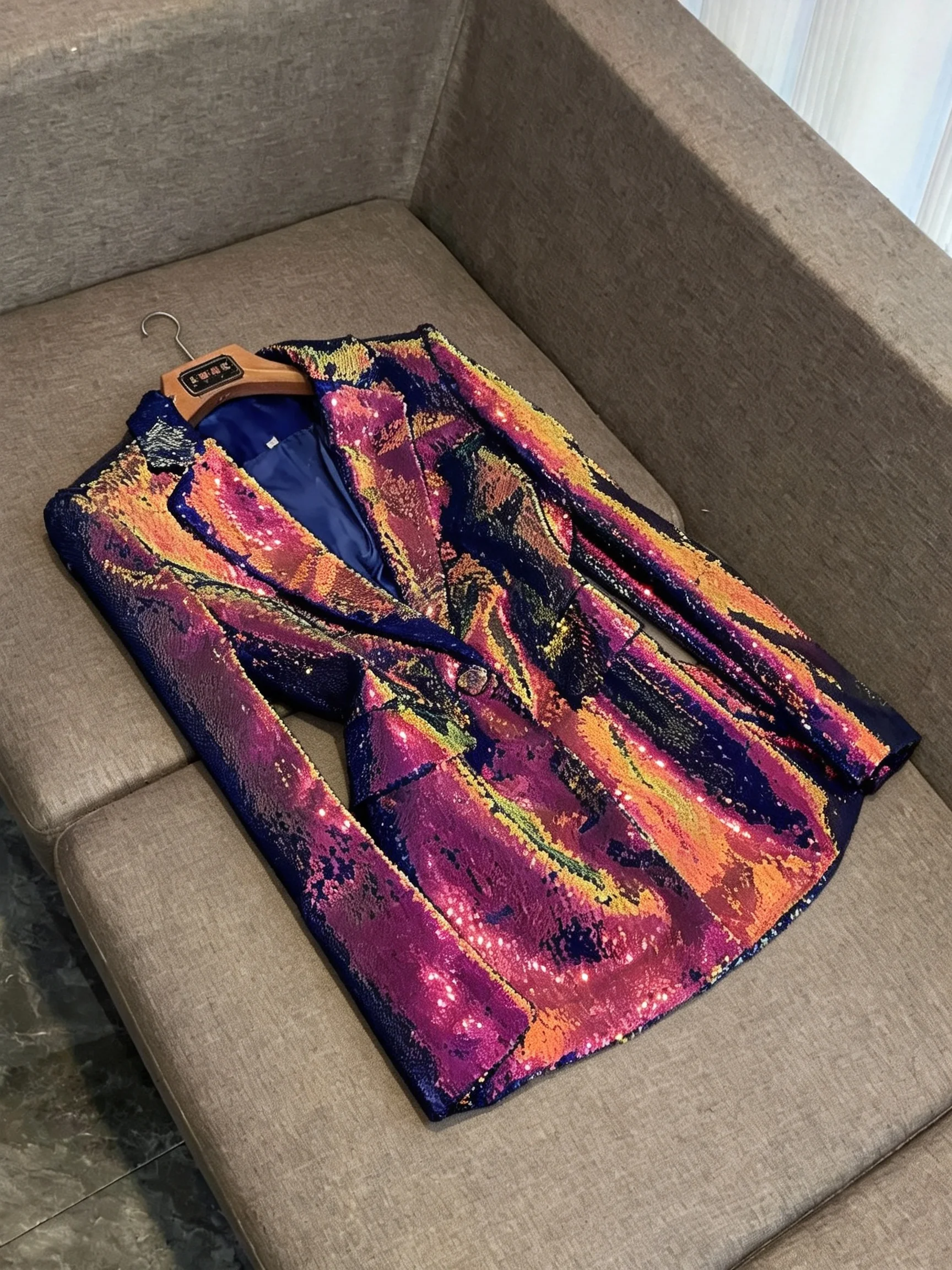 Cool Commute Style Women's Long Sleeve One Button Heavy Embellishment Jacket Sparkling Sequin Suit Outerwear Shiny Outfit B8873
