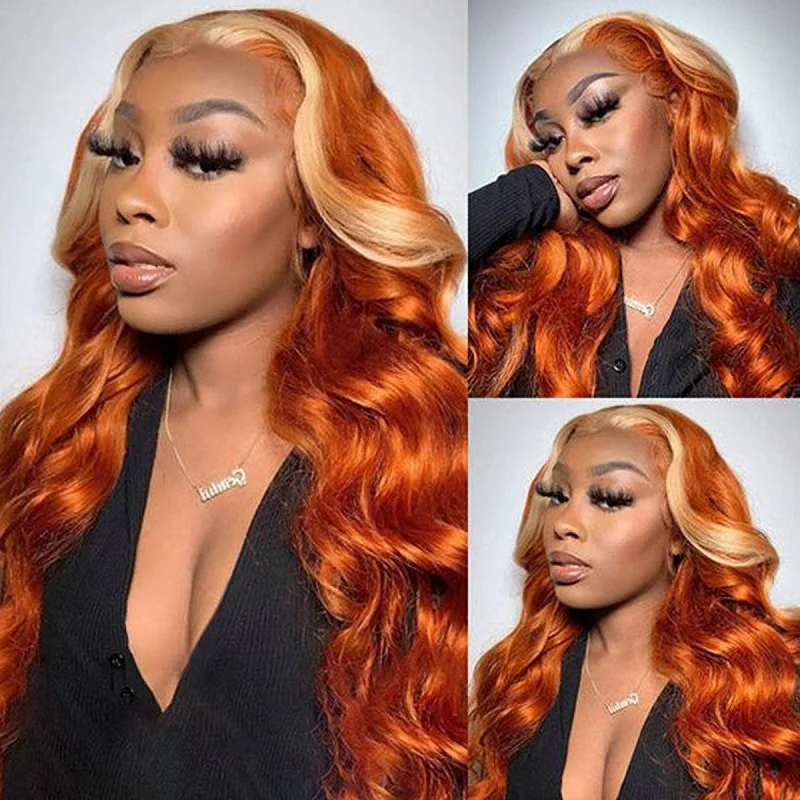 Ginger Orange Wig with Blonde Highlight 13x6 13x4 Transparent Lace Frontal Human Hair Wig Body Wave Blonde Stripe Lace Front Wig