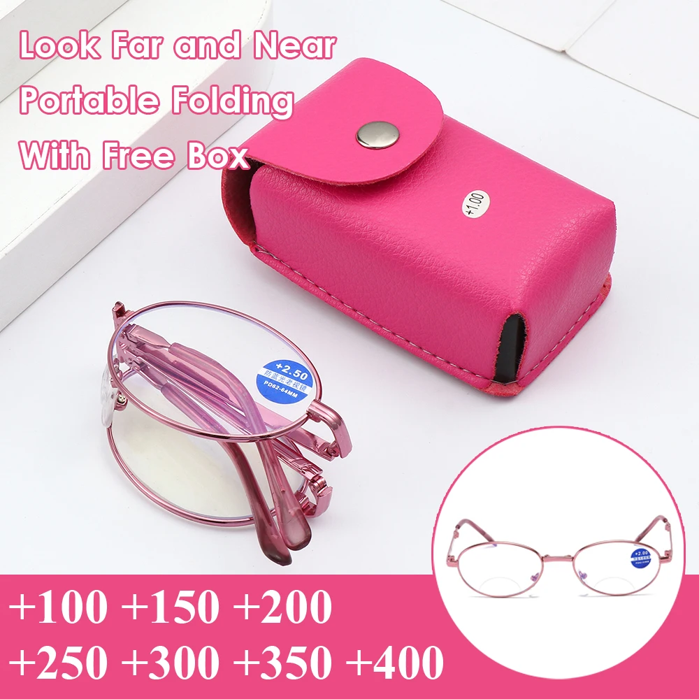 

Portable Bifocal Folding Reading Glasses For Women Metal Frame Anti Blue Ray Presbyopia Eyeglasses With Bag Look Far And Near