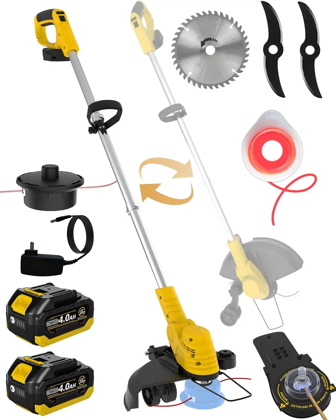 

Беспроводной Weed Wacker, металлические лезвия с двумя мощными линиями 095, супер бесщеточный двигатель, пожиратель сорняков 4 в 1 с батарейным питанием + триммер для струн + W