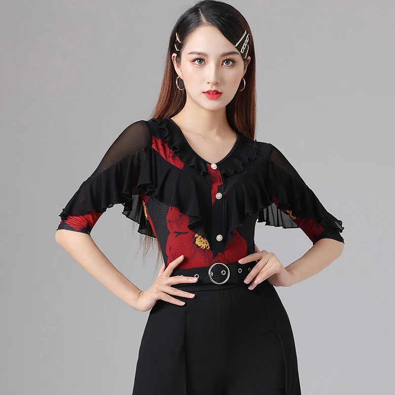 New Women's Latin Modern Waltz Social Dance Jumping Tops Mesh Middle Sleeve Training Clothing Ballroom Dance Stage Costume XH382