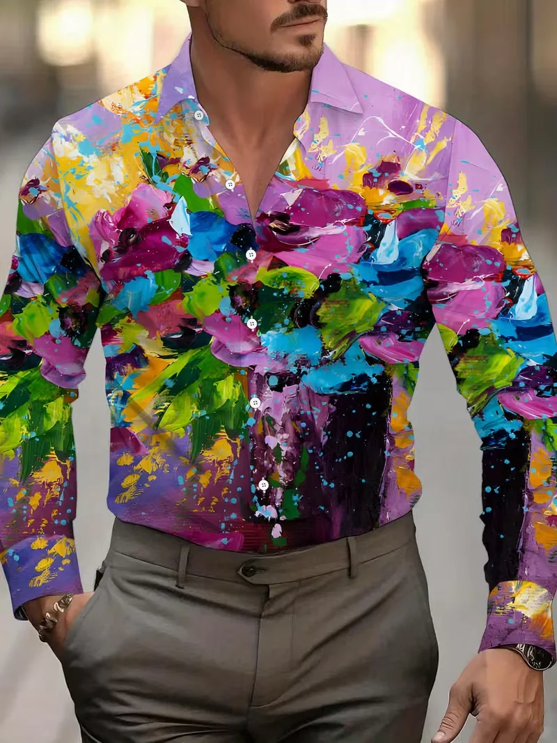 New Fresh Blue Flower Printed Shirt Men's Flip Collar Single Breasted Daily Long Sleeved Top Clothing