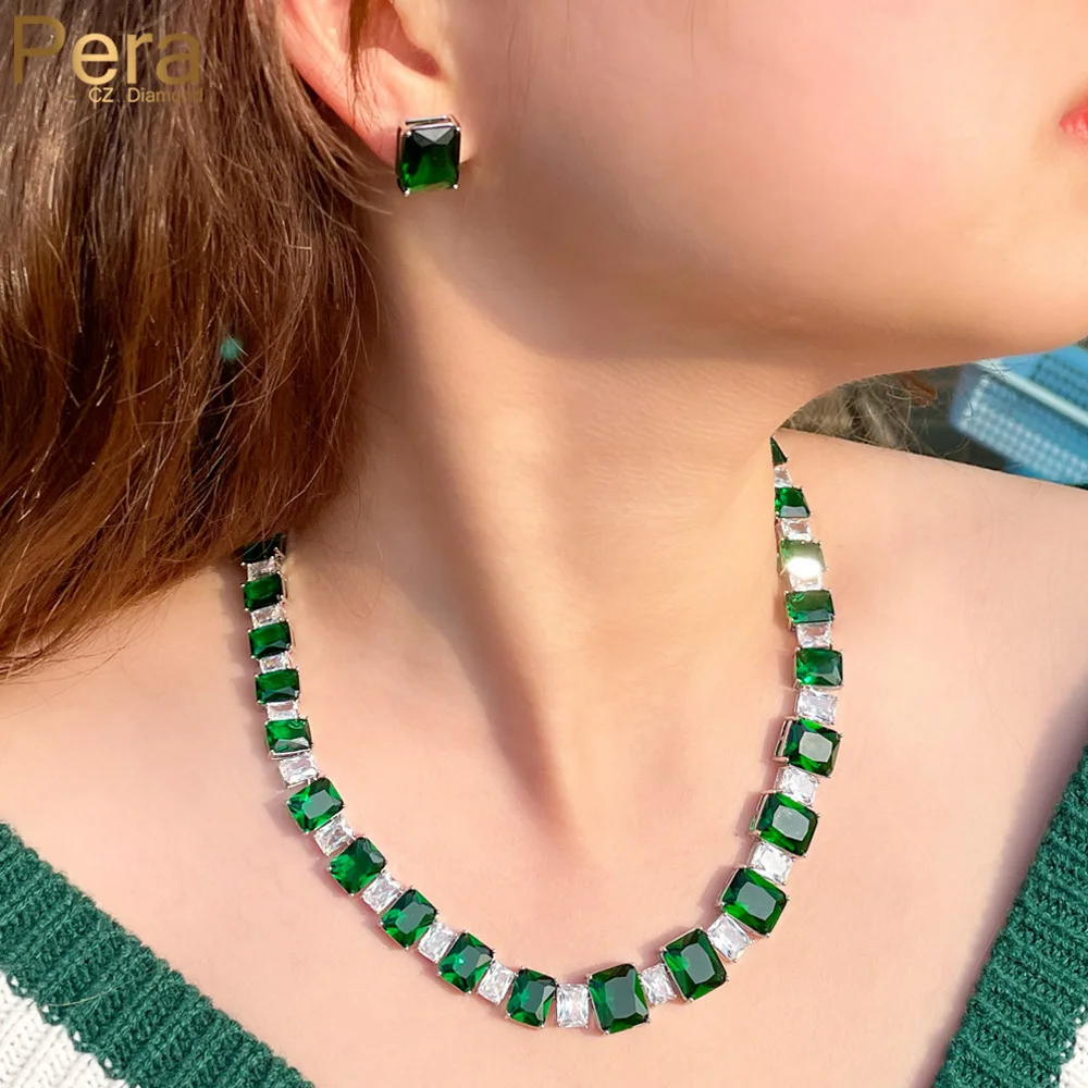 

Pera Magnificent Big Rectangle Green and White CZ Crystal Necklace Women Party Dress Wedding Costume Jewelry Set for Brides J238