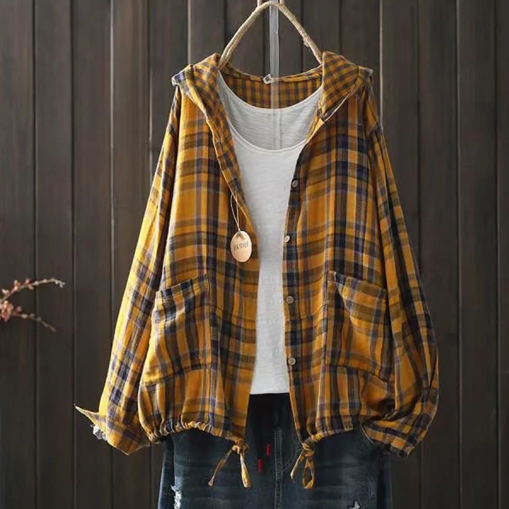 Korean fashion designer womens autumn loose hooded plaid shirts ladies cotton casual large size blouse tops female hoodies