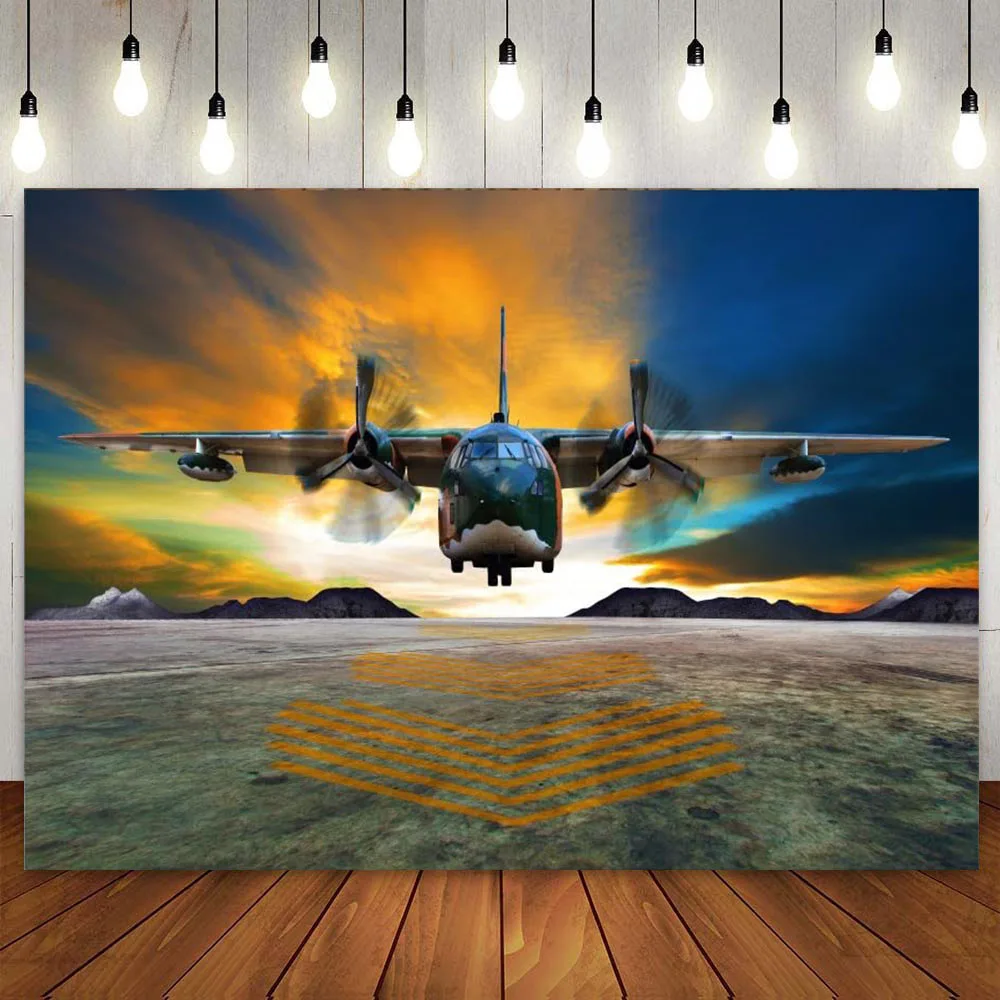 Aircraft Backdrop Airplane Runway Photography Background Blue Sky White Clouds Travel Birthday Party Decoration for Kids Aldult