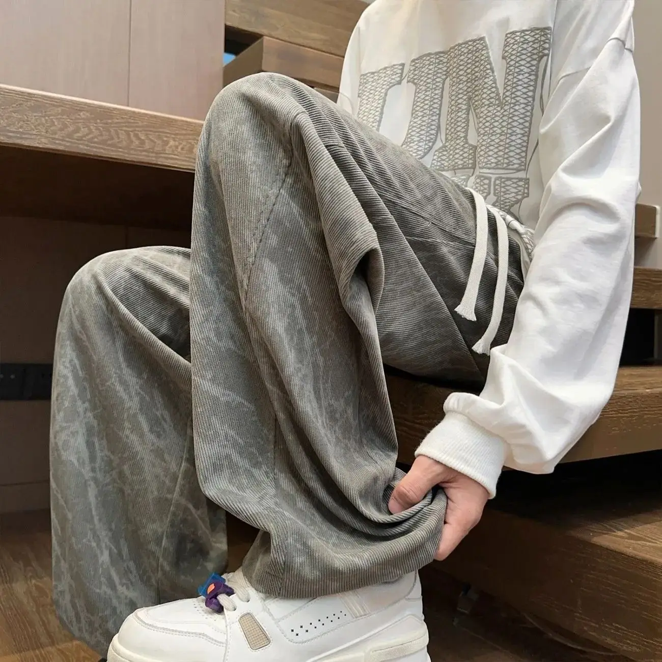 Tie Dye Corduroy Fashionable Men's Casual Pants Fashion Autumn Bottoms Elastic Waist Wide Leg Male Trendy Streetwear Tide
