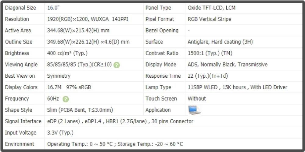 NE160WUM-N62 16 inch LCD Screen Laptop Display IPS Panel FHD 1920x1200 Non-touch