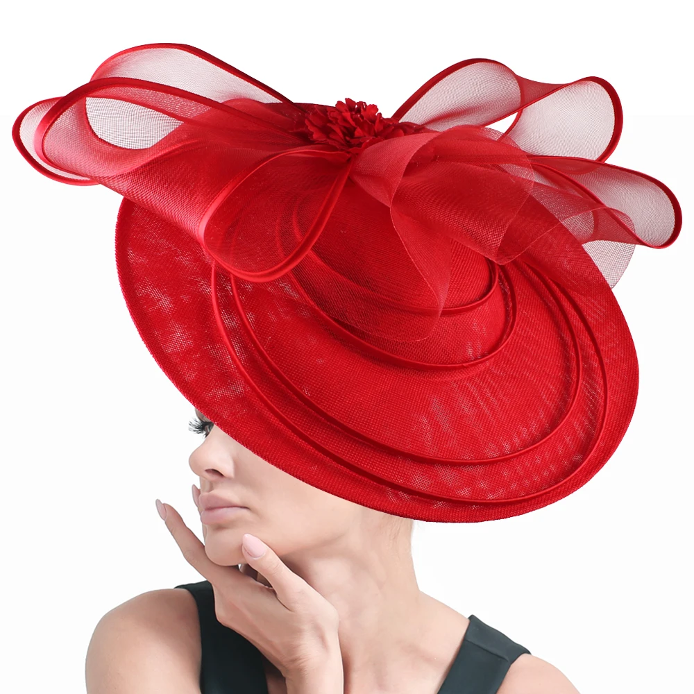 Elegant Wide Brim Red Hats For Women Big Bow Formal Occasion Kentucky Cap Lady Wedding Cocktail Party Flat Top Fedoras 2024