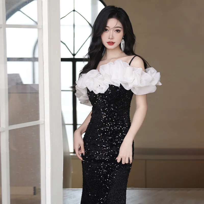 Black Paillette Evening Dress Light Luxury High-End Niche New Style Spring Birthday Banquet Dinner Suit Sense