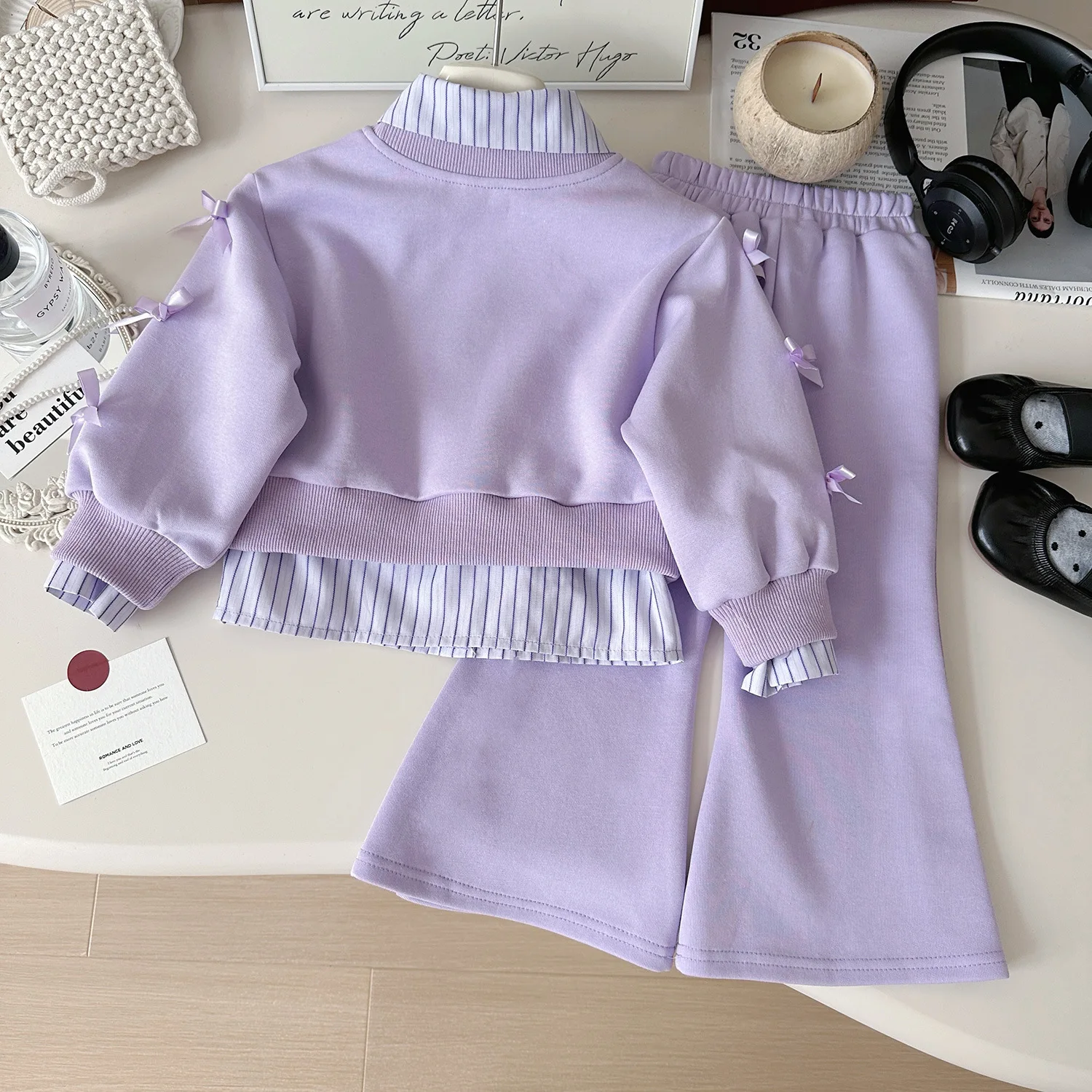 2024 Autumn New Korean Version of Girls Purple Long-sleeved Top Pants Striped Shirt Three-piece Set 90-140cm