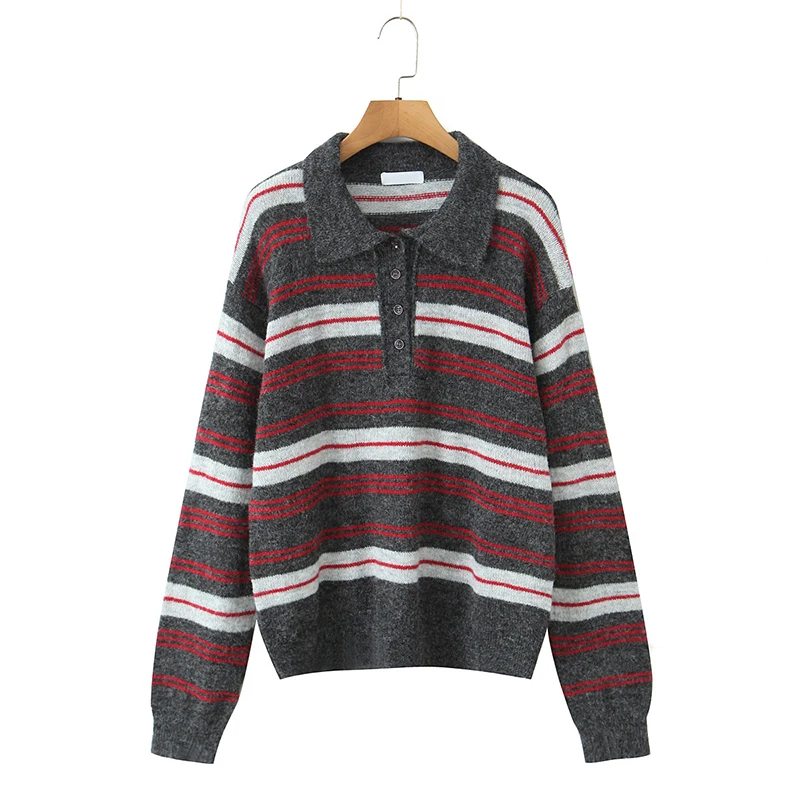 

YENKYE American Retro Striped Polo Collar Sweater For Women Long Sleeve Causal Autumn Knitted Pullover Loose Sweaters