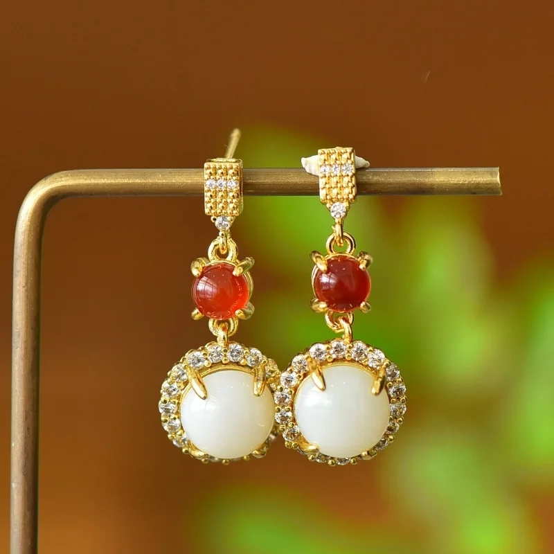 Copper Inlaid Hetian Jade Exquisite Fashion Simple Earrings