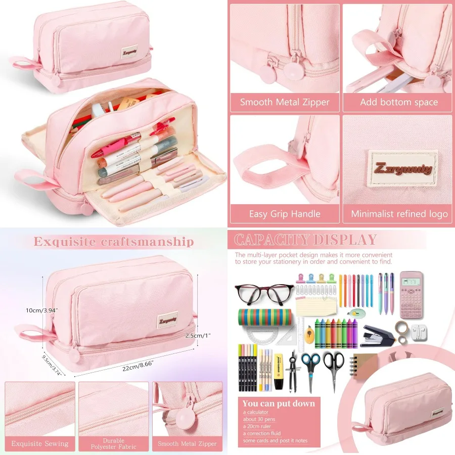 

Розовый пенал большой емкости с 4 отделениями и застежкой-молнией Портативная ручка для подростков и взрослых Эстетический St