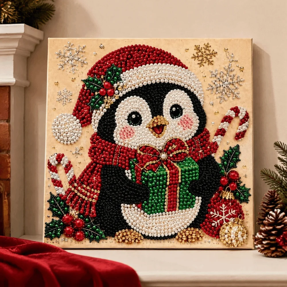 2D Flat DIY Diamond Painting Kit Wood Framed Beginner-level Christmas Craft Kit Stress Relief Cartoonish Living Room Wall Art