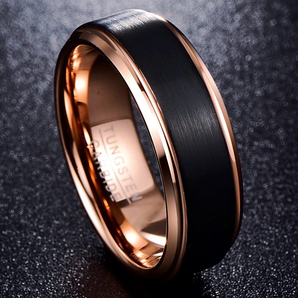 NUNCAD 6mm Rose Gold Color Tungsten Carbide Rings for Men Black Brushed Wedding Band Beveled Edge Comfort Fit Size 5-12