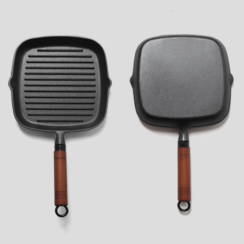 Сковорода для стейка Толстая деревянная ручка, чугунная, без покрытия, с антипригарным покрытием, для дома, в полоску, специальный горшок