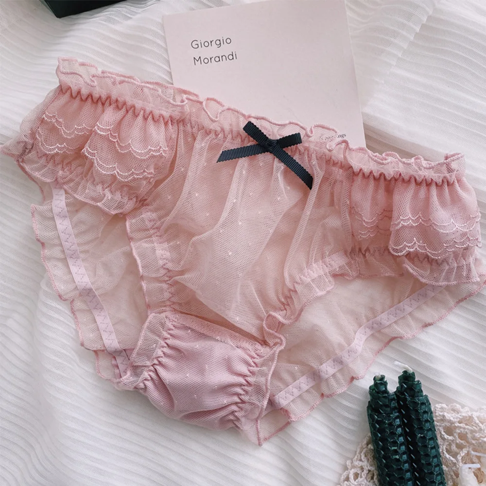 Sweet Style Lace Panties Hollow Women's Underpants Bow Ruffles Seamless Transparent Underwear Mid-waist Breifs Lingerie