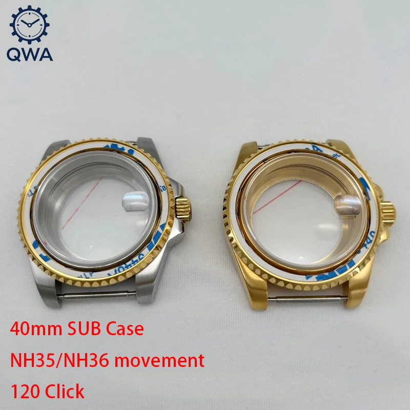 

QWA 40mm Gold Silver Diving Case120 Click Sapphire Glass Fir NH34 NH35 NH36 Movement 28.5mm Dial Stainless Steel SUB GMT Case