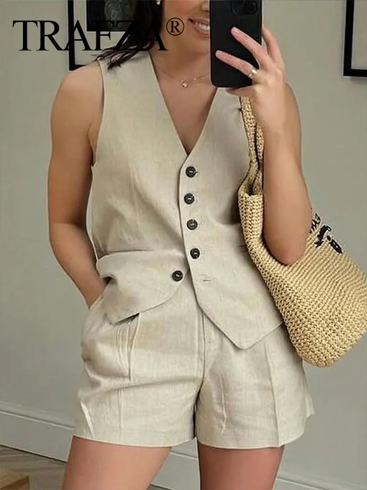 TRAFZA Women Casual Solid Vest Vintage Y2k V Neck Single Breasted Vests Top Summer Female Sleeveless Waistcoat Office Lady Top