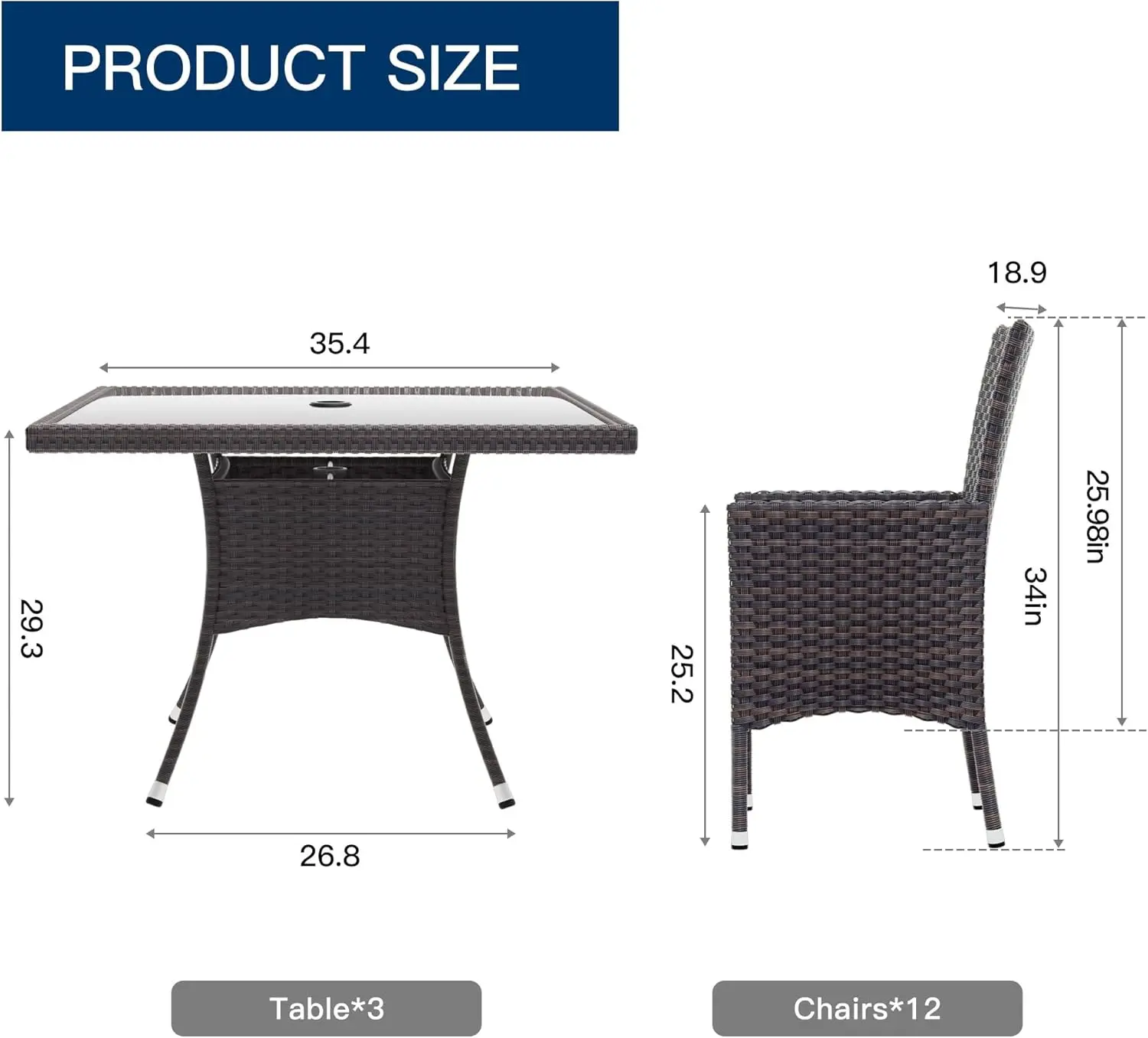 All-weather Wicker Table and Chairs Patio Furniture Set for Garden with Cushions,Square Glass Table Top with Umbrella Cutout