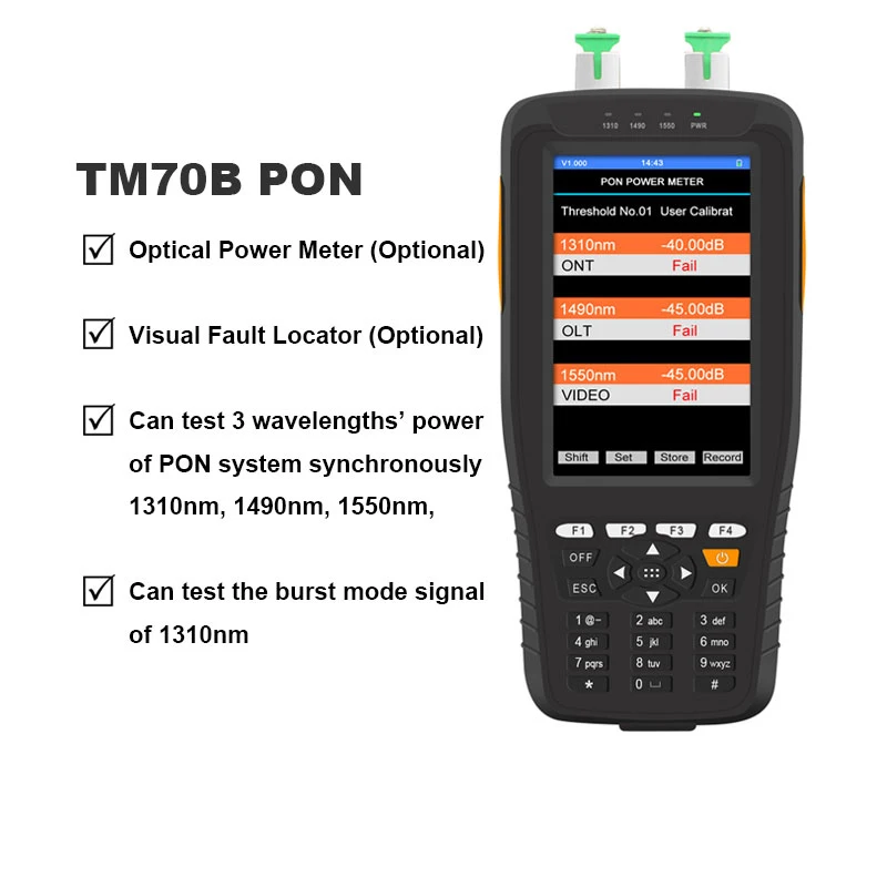 

TM70B Handheld PON Fiber Optical Power Meter 1310/1490/1550nm VFL OPM built-in 6600mAh lithium battery