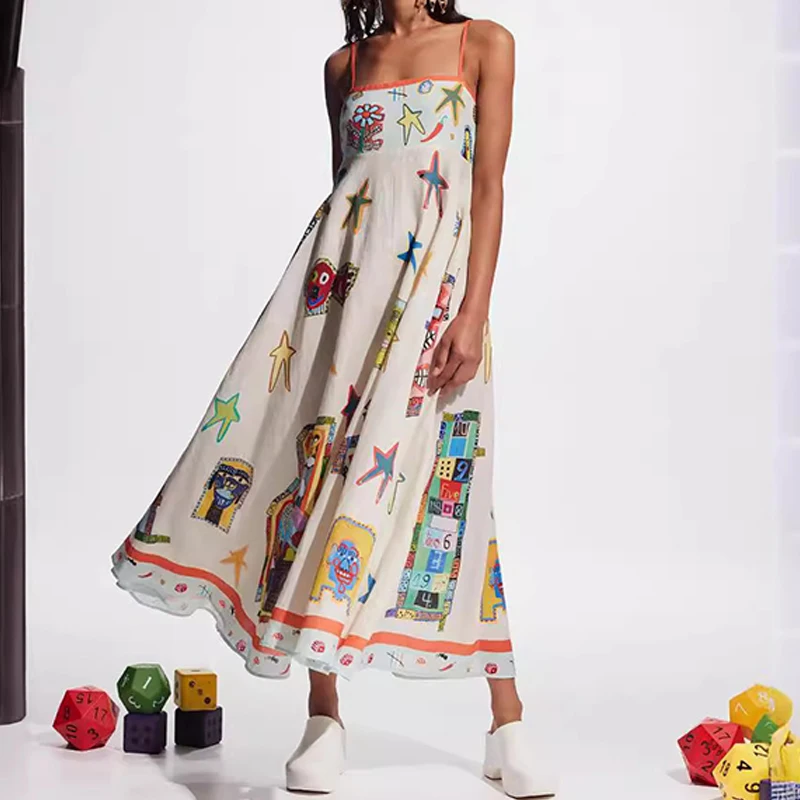 Vestido maxi estampado com grafite de cintura alta feminino, vestido longo sexy, elegante com gravata, vestido vocacional plissado, verão