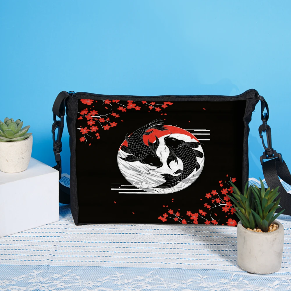 1pc Koi Fish Crossbody Bag Black Cherry Blossom And Yin Yang Design Shoulder Bags For Women Casual Travel Work Daily Use Fashion