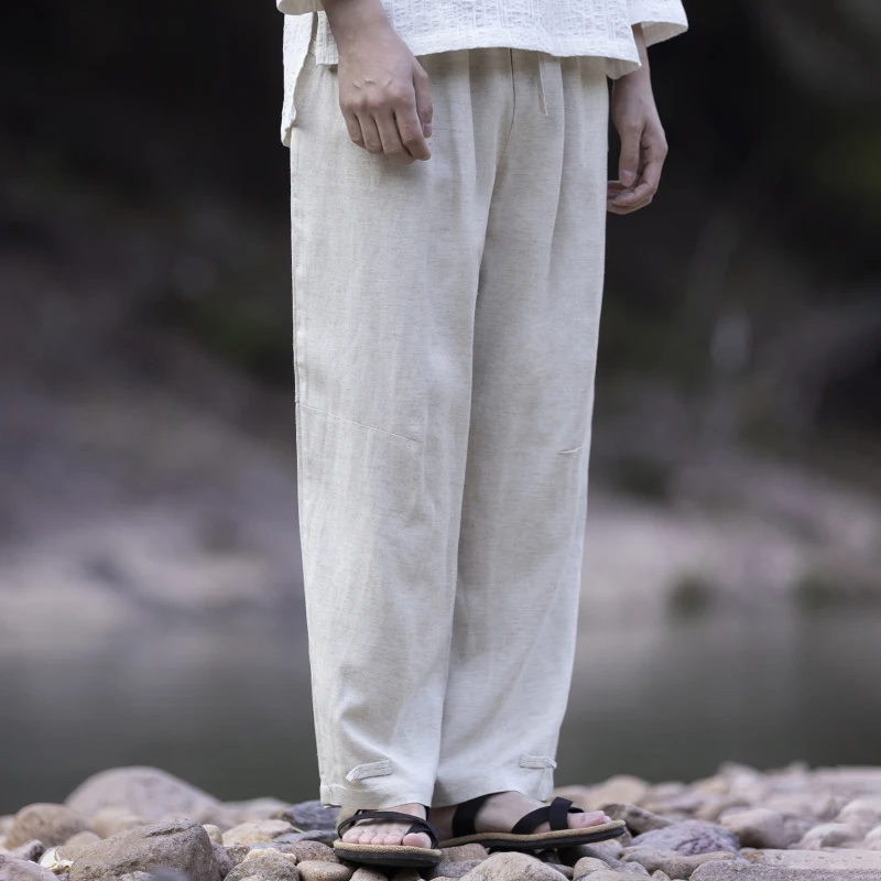 Spring Summer Chinese Style Loose Linen Pants Men Clothing Vintage Plus Size Casual Straight Trousers Thin Tai Chi Kung Fu Male