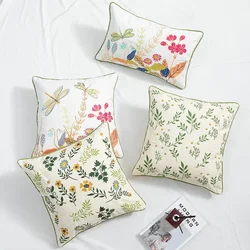 Spring Botanical Floral Embroidered Cushion Cover American Country Style Pillowcase Cotton Square Decorative Pillows for Sofa