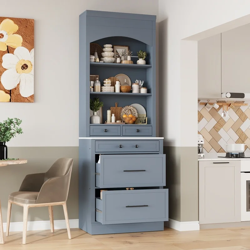 

TOPMAX 83.7" Freestanding Kitchen Hutch with Gray Faux Marble Top, Display Cabinet, 5 Drawers, Adjustable Shelf