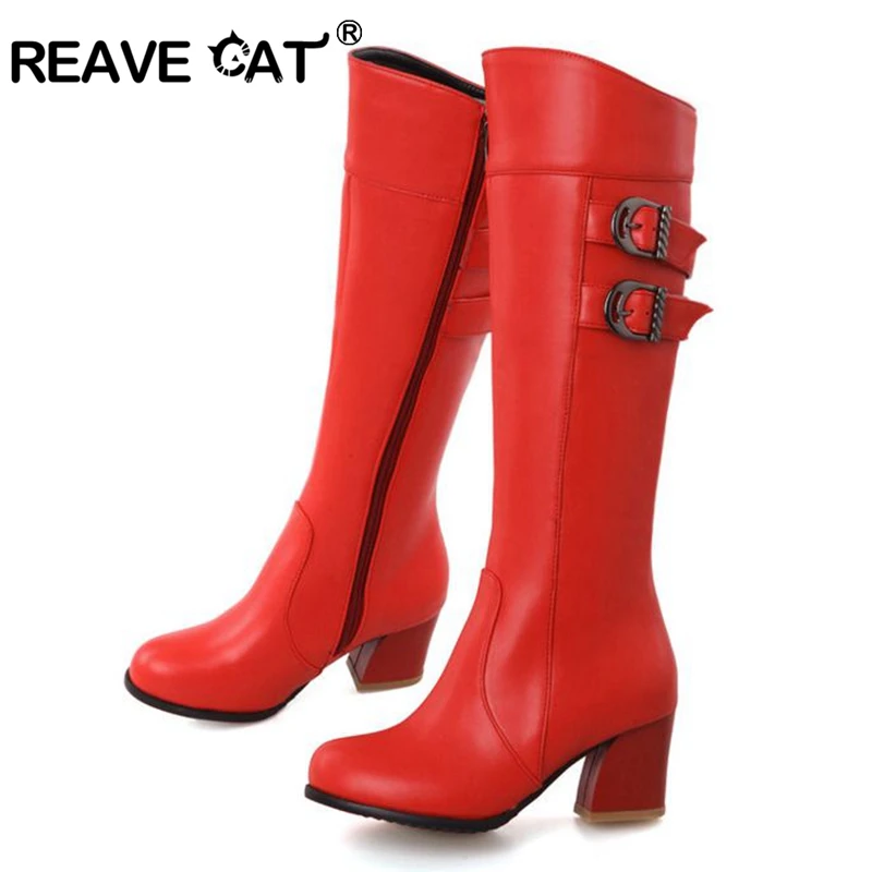 REAVE CAT Big size 30-52 Autumn shoes Ladies Knee boots Women fashion botas Hoof heels   Buckle Party Sexy