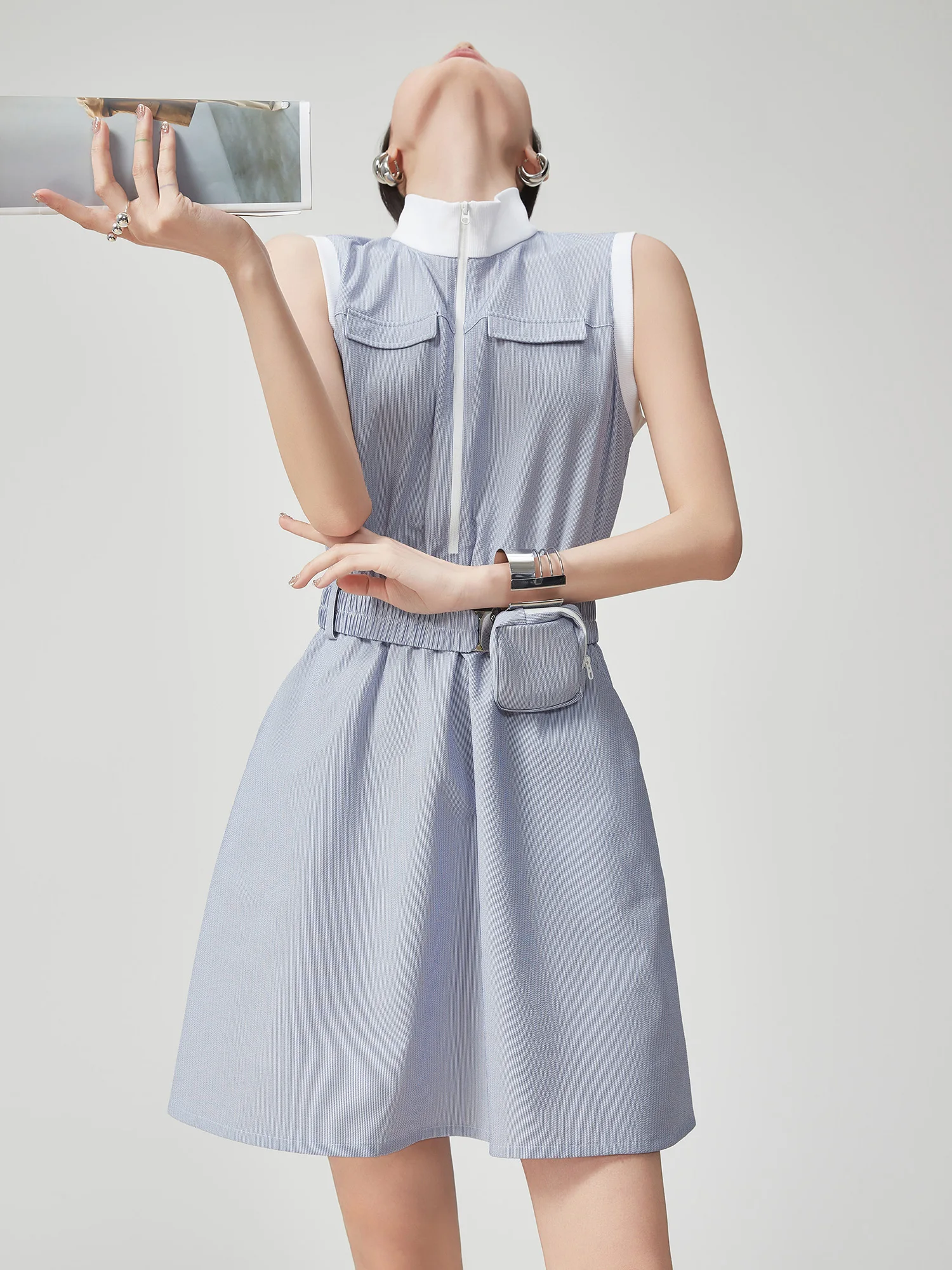 Vestido Casual de Golf sin Mangas a Rayas Azules y Blancas para Mujer, Largo Medio, Único y Hermoso, con Cintura Ajustada, Fa...