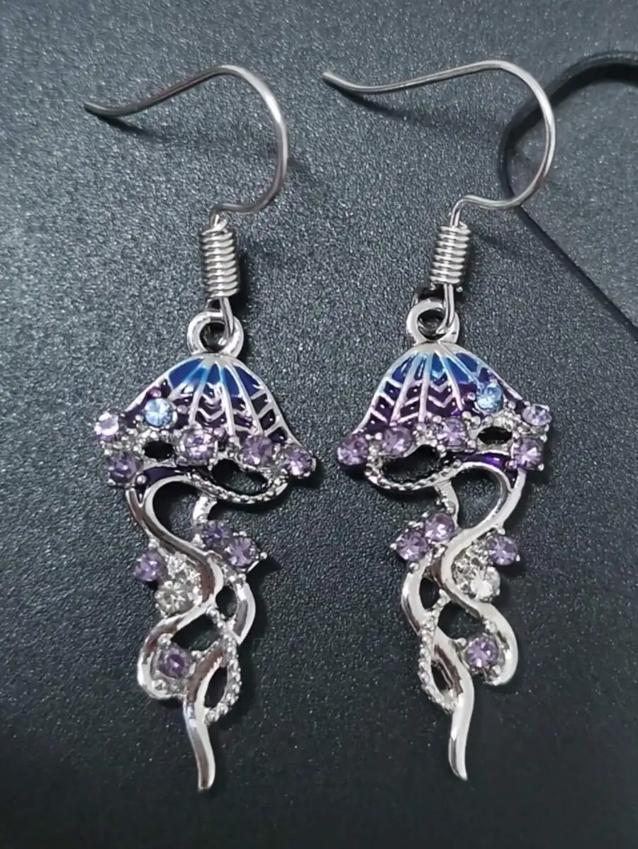 Women Purple Crystal Stone Jellyfish Drop Earrings Silver Color Metal Cute Ocean Elements Dangle Earrings Rhinestone Jewelry