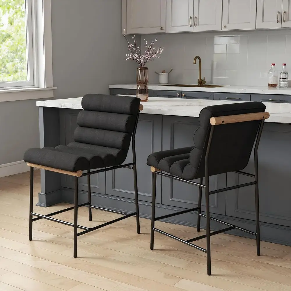 

Linen-Covered Bar Stools Set of 2 with Tufted Back and Black Metal Legs, 25 High for Kitchen Island or Home Pub