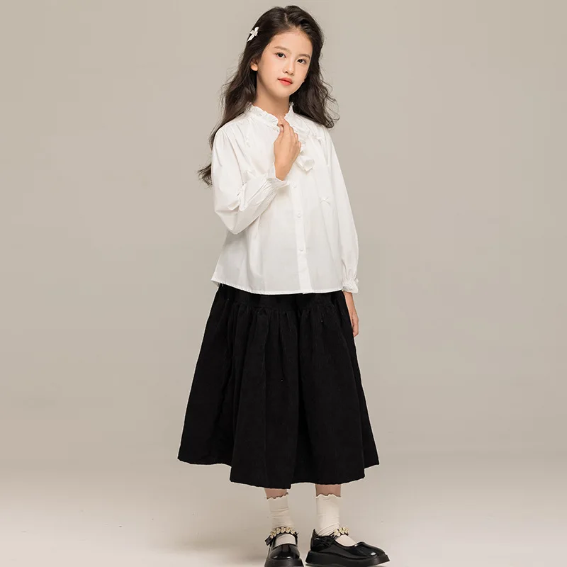 

Children Girls Dress Sets Autumn Korean New Single-breasted T-shirt+Elastic Waist Dress Long Sleeves School Girls Dress Sets