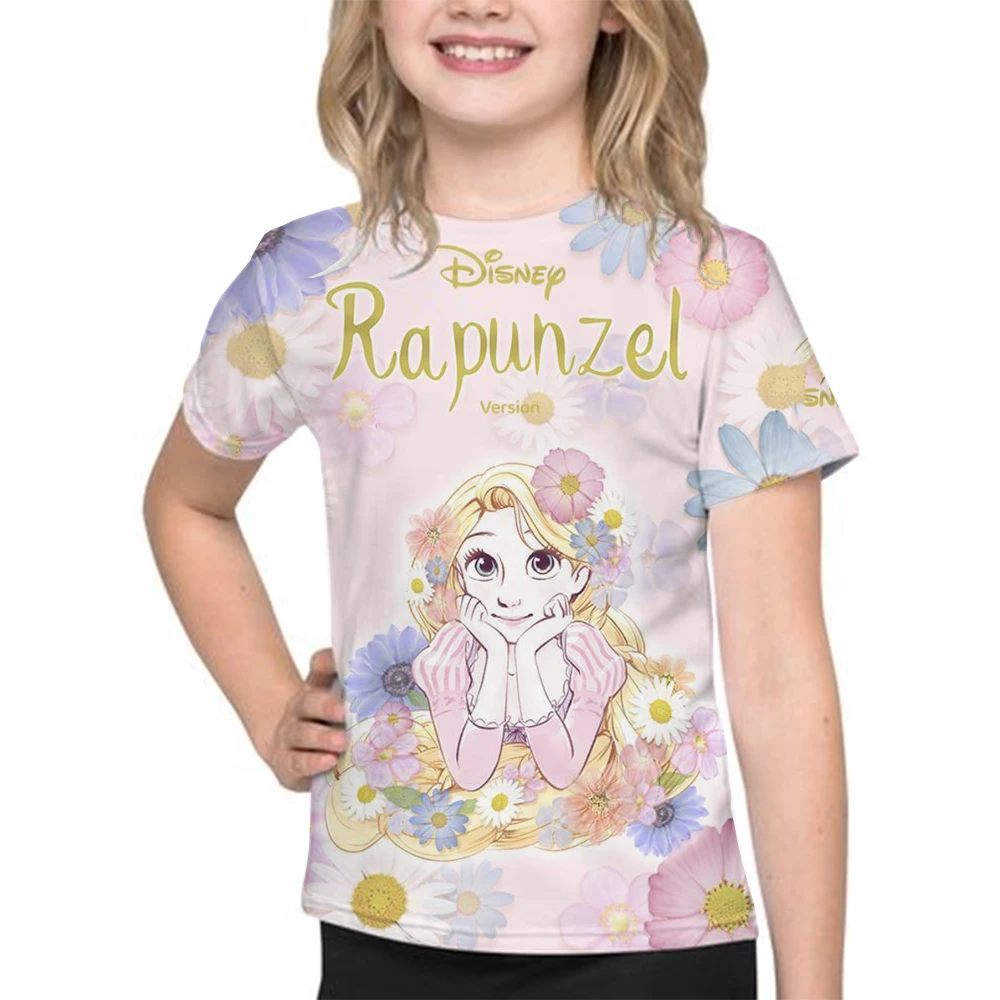 

MINISO Disney Princess Rapunzel 2024 Summer 4-14 Years Children Kids Cool Boy Cute Girls Lightweight 3D Print T-Shirt Tops