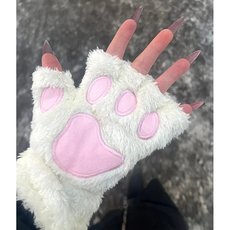 Kawaii Cute Cat Paw Fluffy Claw Fingerless Gloves Warm Soft Plush Women Half Finger Plush Mittens Winter Wear Christmas Gifts