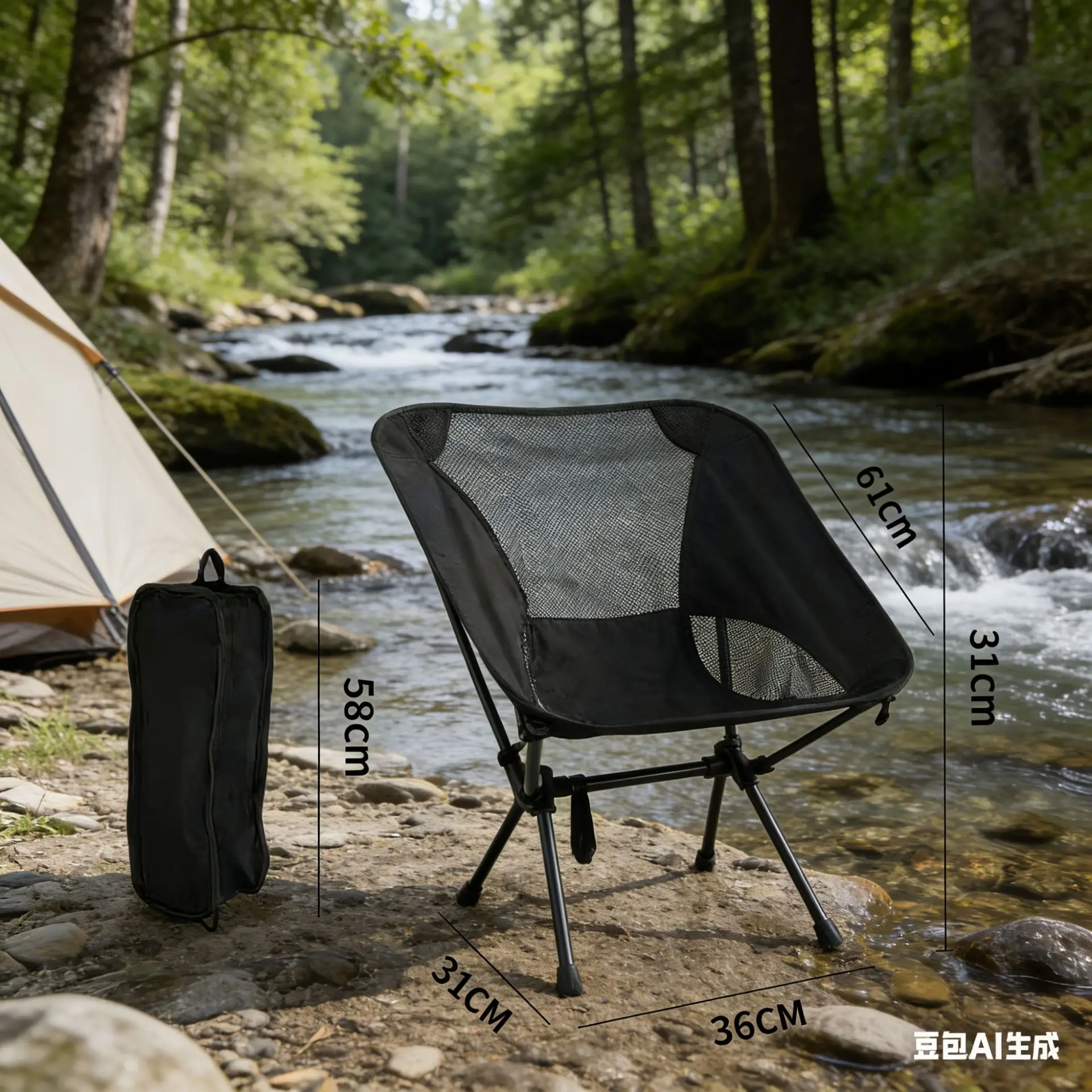 Portable Folding Moon Chair with Breathable Mesh Backrest, Camping Picnic Fishing Art Sketching Stool