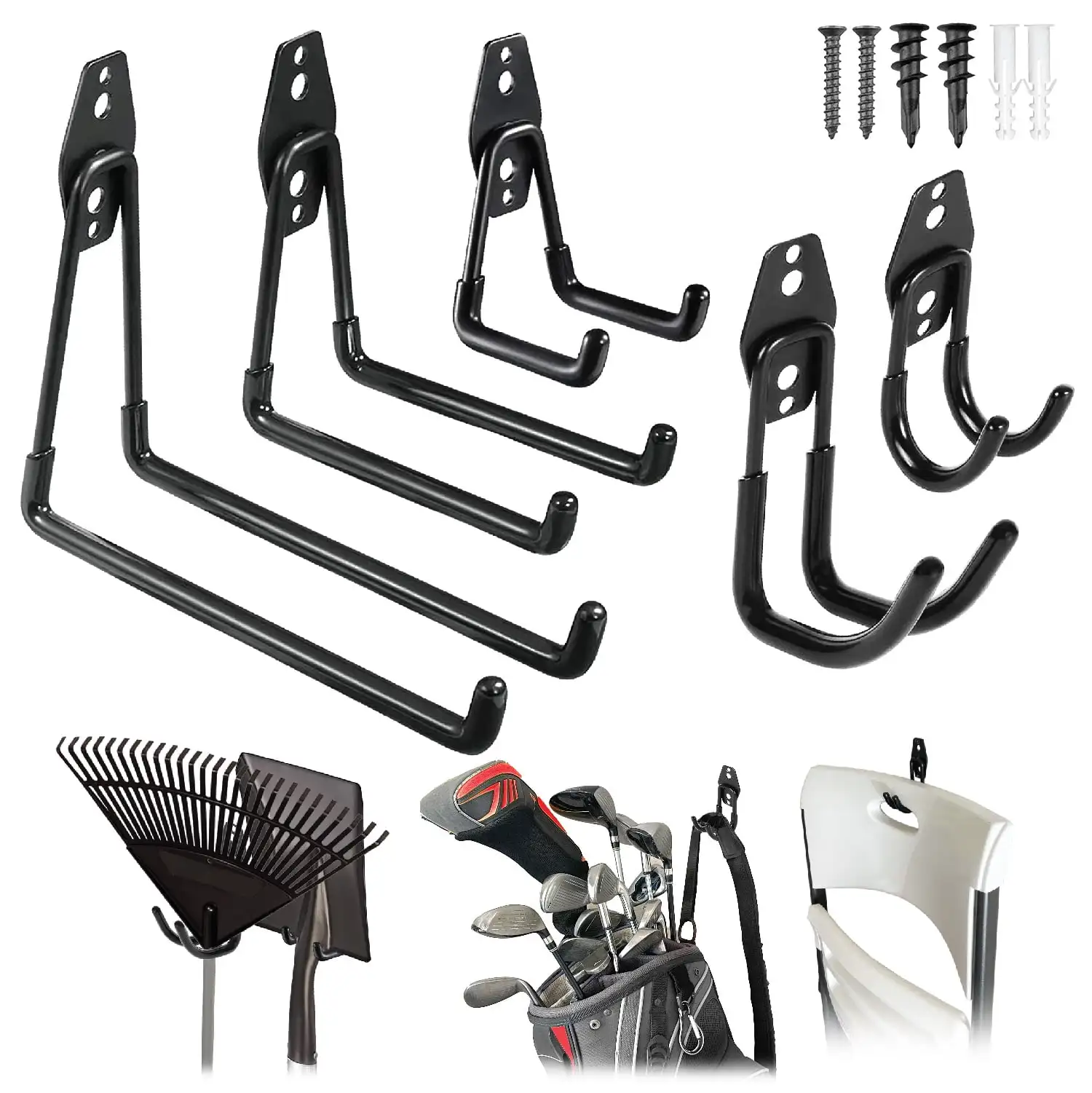 , 5 Pack Hook Set, Black, Metal, Pvc Coated, Average 50 lb Capacity, Hardware Included