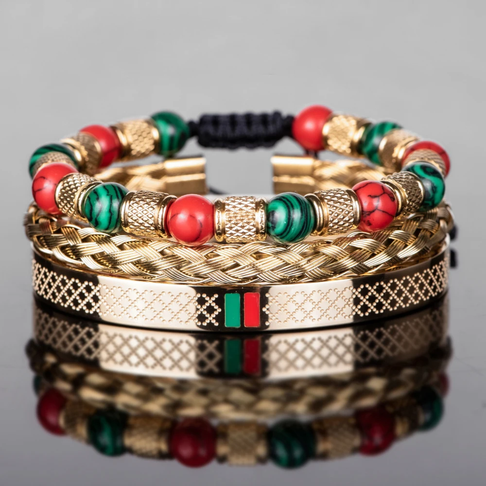 3pcs/set Stylish and Elegant Red-Green Striped Stainless Steel Bracelet with Hand-Woven Mesh Pattern Red-Green Bead Separation