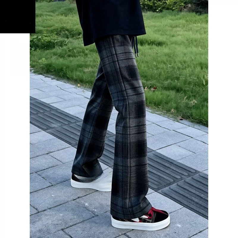 QICHE Men Clothing 2026 Autumn American Retro Tie Dye Dark Plaid Pants, Designer Straight Leg Lazy Drape Casual Trousers
