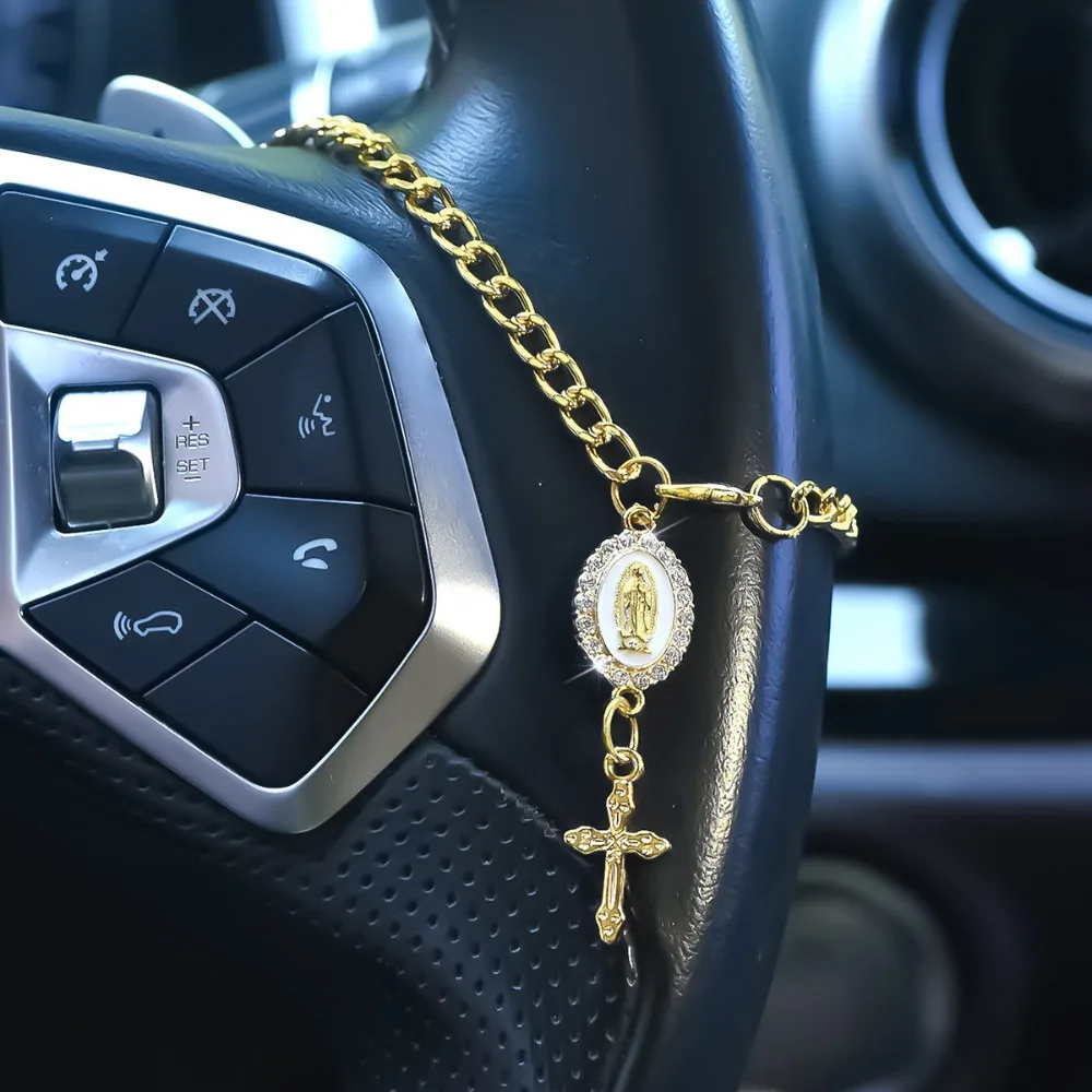 Retro Exquisite Holy Mother Cross Inlaid Zircon Imitation Pearl Car Steering Wheel Hanging Key Chains Women's Men in-car Jewelry