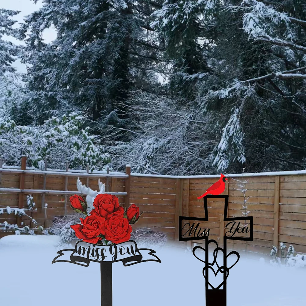 Metal Garden Markers 2 Pieces Cross and Rose Design for Outdoor Memorial Decoration and Stylish Garden Markers